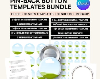 Button Pin Template Bundle Editable Canva Frames Printable Sheets Guide & Mockup for Sublimation in 10 Sizes, Custom Badge Circle labels