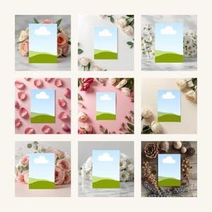 May include: Nine images of a blank card with a blue sky and green landscape design, each surrounded by flowers and petals. The flowers include roses and white blossoms, with a variety of colors and arrangements.