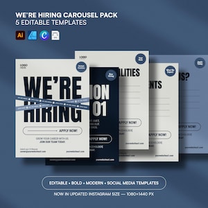 May include: Five editable social media templates with a hiring theme. The templates feature the text "WE'RE HIRING" in bold white letters on a light background. Additional text includes "APPLY NOW!" and placeholder information.