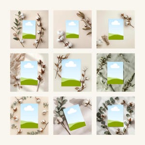 May include: Nine square images featuring a blue sky and green landscape design on a white card. Each card is surrounded by cotton branches and various types of greenery, set against a neutral background.