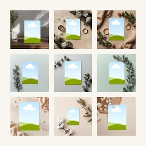 May include: Nine product mockups featuring a landscape design with a blue sky, white cloud, and green hills. Each mockup is surrounded by different decorative elements, including plants, jewelry, and fabric, creating a visually appealing presentation.