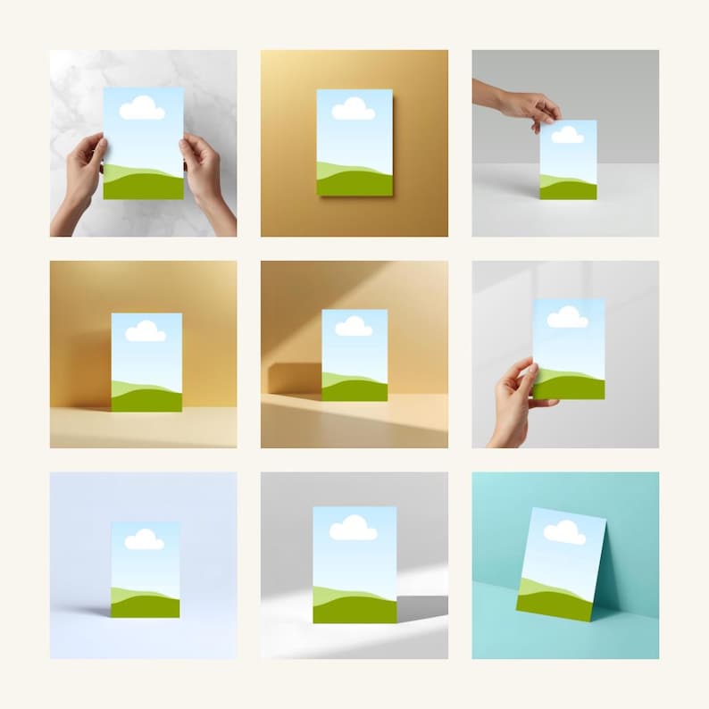 May include: Nine images of a rectangular card with a landscape design. The design features a blue sky with a white cloud, green hills, and a light blue background. The cards are displayed in various settings, some held by hands.