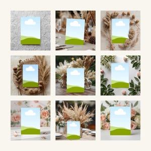 May include: A collection of nine cards, each featuring a landscape design with a blue sky, white cloud, and green hills. The cards are displayed against various decorative backgrounds, including floral arrangements and rustic elements.