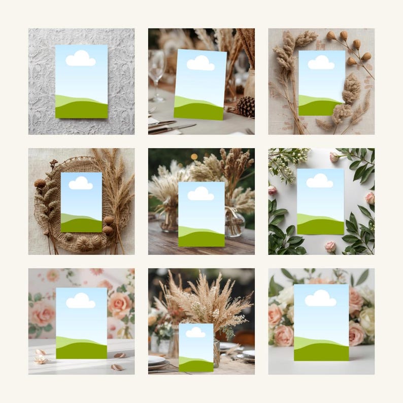 May include: A collection of nine cards, each featuring a landscape design with a blue sky, white cloud, and green hills. The cards are displayed against various decorative backgrounds, including floral arrangements and rustic elements.
