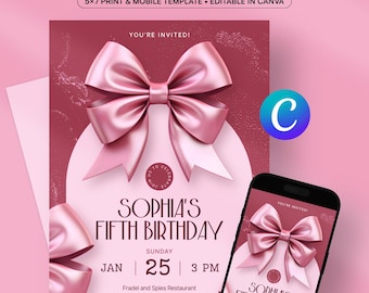 Pink Bow Birthday Invitation, Editable Coquette Girl Birthday Party Invite, Elegant Canva Template, Printable & Digital, Any Age