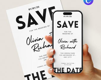 Stylish Save The Date Announcement Cards Design | Modern Canva Wedding Invitation Template