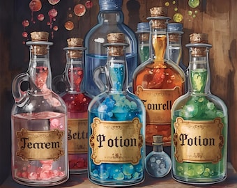 Drankfles PNG-bundel 1 | Heksenclipart | Digitale download Alchemy Potion | Mystieke apothekersflessen | Halloween-sublimatiegraphics