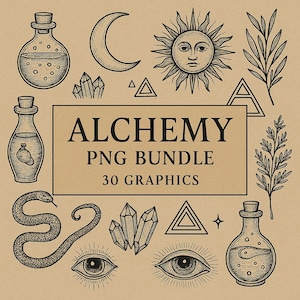 May include: A collection of black and white alchemical illustrations on a tan background. The image includes a crescent moon, sun with a face, crystals, potion bottles, a snake, and the text "ALCHEMY PNG BUNDLE 30 GRAPHICS."