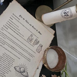 May include: A still life arrangement featuring aged paper with text, a brass bowl filled with sea salt, and a scroll. The scene includes a mortar and pestle, dried flowers, and a decorative stand.