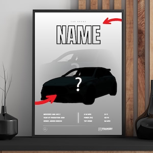 May include: Black framed poster with a car silhouette and a question mark. The poster displays "CAR BRAND" and "NAME". Details include Mercedes AMG A45 5, 0/60 MPH, 421 PS, and a top speed of 264 km/h. The year of production is 2020.