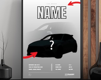 Puede incluir: Póster enmarcado en negro con silueta de coche y signo de interrogación. El póster muestra "CAR BRAND" y "NAME". Detalles: Mercedes AMG A45 5, 0/60 MPH, 421 CV y una velocidad máxima de 264 km/h. Año de producción 2020.