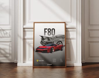 May include: A framed poster featuring a red Ferrari F80 sports car. The poster includes the car's name, specifications, and a grayscale image of the car's rear. The poster is displayed against a white wall and a wooden floor.