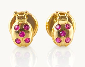 18k Solid Gold Ladybug Stud Earrings with Pink Gemstones – Whimsical Dainty Jewelry