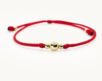 18K Solid Gold Red String Bracelet • Minimalist Gold Bead Jewelry