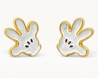 18k Gold Cartoon Glove Stud Earrings – White Enamel Retro Fun Jewelry