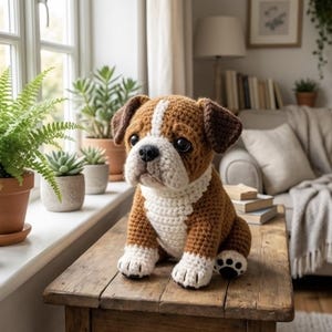 May include: A handcrafted crochet bulldog dog with brown, white, and black details. The plush toy features a white chest, paws, and face stripe. It sits on a wooden table near a window with potted plants, showcasing a cozy, handmade aesthetic.