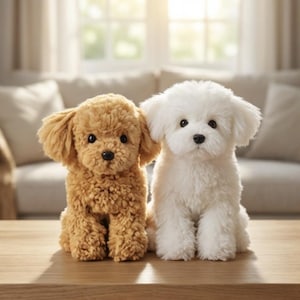 Può includere: Due cani di peluche, uno marrone chiaro e uno bianco, sono seduti uno accanto all'altro su un tavolo di legno. Hanno occhi e nasi neri. Lo sfondo è sfocato, con un divano e una finestra. I giocattoli sono seduti.