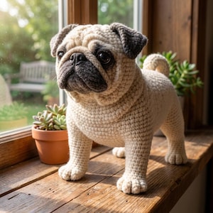 Könnte beinhalten: Gehäkelte Mops-Hundefigur in Creme- und Grautönen. Der handgefertigte Hund hat ein detailliertes Gesicht, Schlappohren und eine eingerollte Rute. Er steht auf einer Holzoberfläche in der Nähe eines Fensters, mit einer kleinen Topfpflanze.