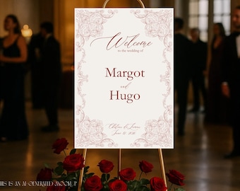 Baroque Cherry Red Wedding Welcome Sign Digital Download - Editable Canva Template