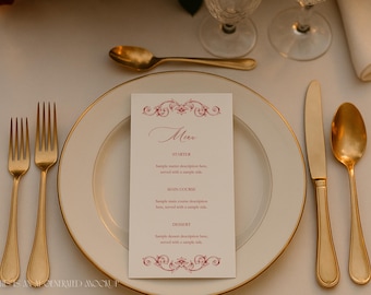 Baroque Cherry Red Wedding Menu Template – Digital Download - Editable Canva File