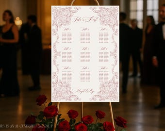Baroque Cherry Red Wedding Seating Chart Template – Digital Download Editable Canva File