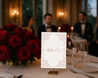 Baroque Cherry Red Wedding Table Numbers – Digital Download - Editable Canva Template