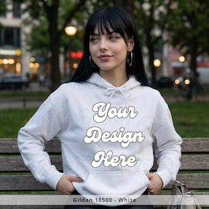 Gildan 18500 Hoodie Mockup White Hoodie Mockup Female Model Hoodie Mockup PNG Outdoor Lifestyle Pullover Hoodie Mockup Template Front View
