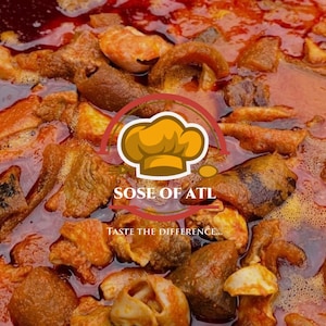May include: A close-up shot of a stew with various pieces of meat and vegetables in a red-orange broth. The image includes a logo with a chef's hat and the text "SOSE OF ATL" and "TASTE THE DIFFERENCE..."