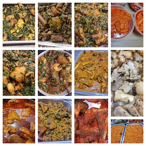 May include: A collage of various African dishes, showcasing a variety of stews and sauces. The dishes feature a mix of ingredients, including leafy greens, meats, and seafood, presented in trays and bowls. The colors range from vibrant greens and reds to earthy browns.