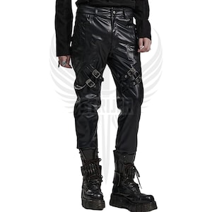 Men&#39;s Black Leather Pant Gothic Steampunk Trouser Biker Style Motorbike Pants