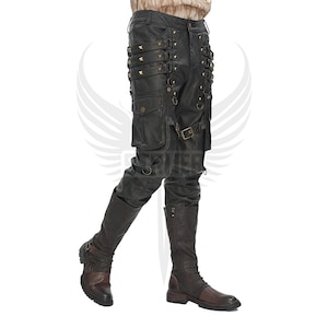 Men’s Gothic Pirate Leather Pants Steampunk Biker Trousers Handmade Black Medieval Cargo Style Pant