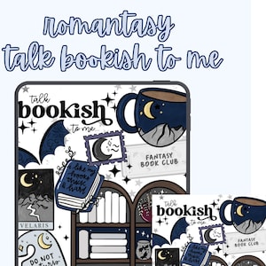 May include: Printable Kindle case insert with a bookshelf design and the text "talk bookish to me." The design includes a mug with a mountain and moon, stamps, and "Fantasy Book Club." Includes 7 PDF files for various Kindle models.