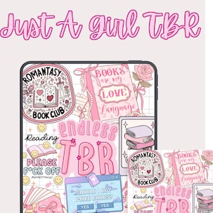 Puede incluir: Insert de funda Kindle imprimible con un diseño rosa y blanco. El diseño incluye el texto "Just a girl TBR" y varias ilustraciones temáticas de libros. La descarga digital incluye 7 archivos PDF y variaciones de tamaño.