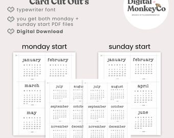 2026 Mini Calendar Cards: Typewriter Font (PDF Digital Download)