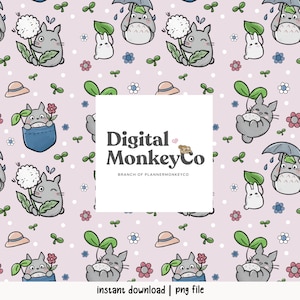 May include: A repeating pattern featuring cartoon characters, flowers, hats, and leaves on a light pink background. The characters include gray creatures with white bellies, white rabbits, and others with umbrellas. The text "Digital Monkey Co" is in a white square.