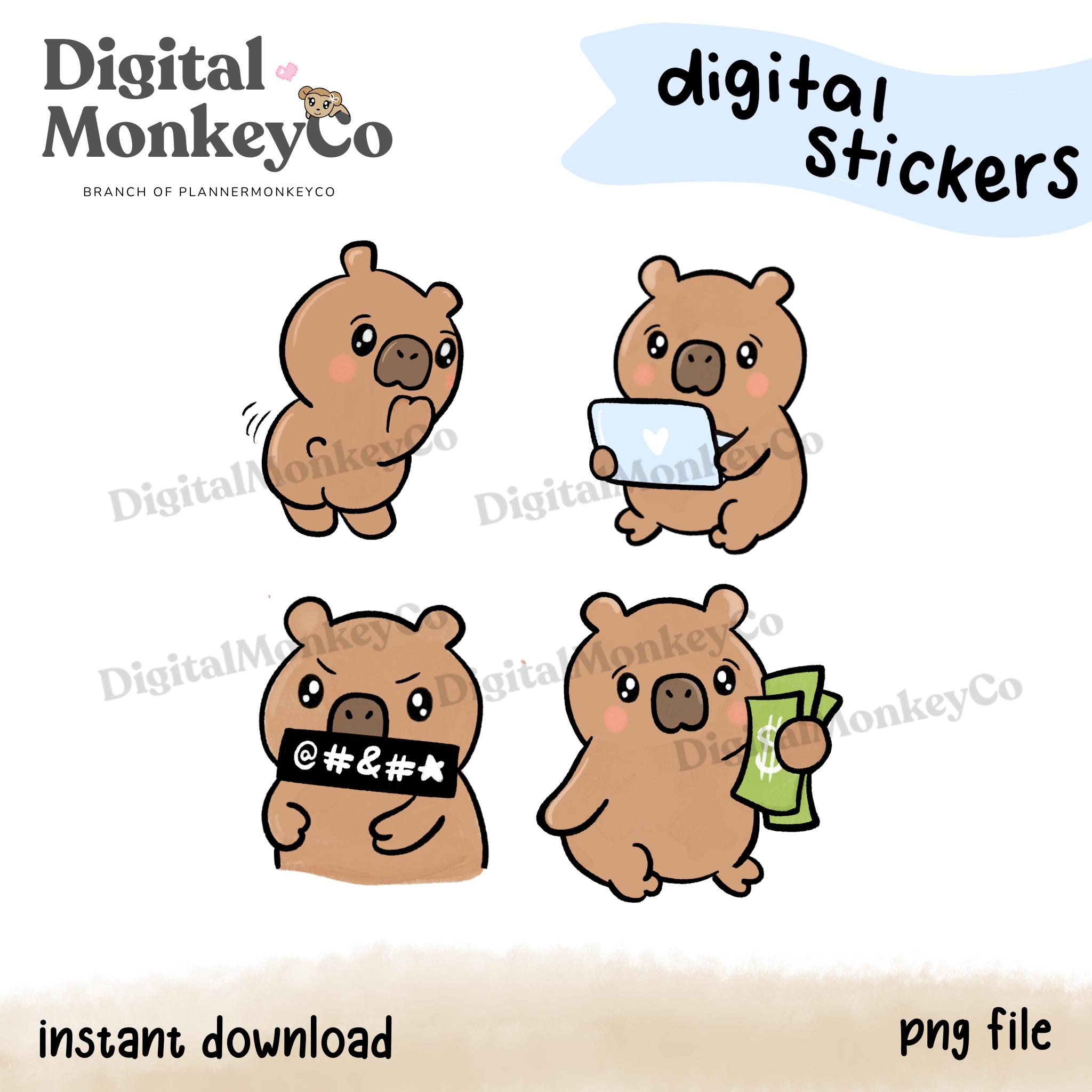 Capybara Character Stickers (set 2) – 4 Hand-drawn Digital Doodles (1 ...