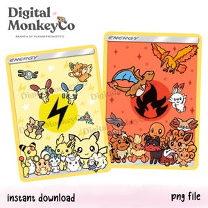 May include: Two rectangular digital energy cards featuring cartoon creatures. The left card is yellow with a black lightning bolt symbol and various small characters. The right card is orange with a black flame symbol and multiple fire-themed creatures.
