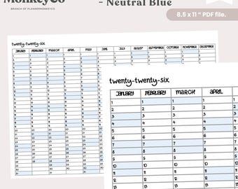 Blue 2026 Printable Perpetual Calendar : Typewriter Font (PDF + PNG Digital Download)