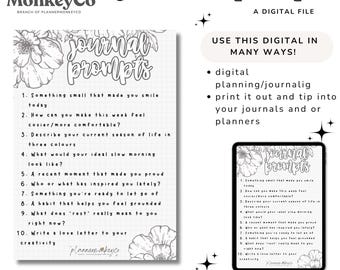 Minimal Floral Journaling Prompts | Printable | Self-Reflection Prompts | PNG + PDF