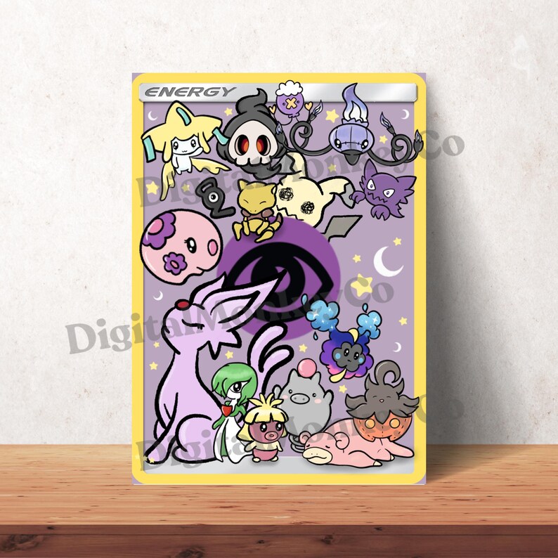 May include: A framed print with a yellow border, displaying a collection of cartoon characters on a purple backdrop. The word "ENERGY" is at the top. The print features various cartoon figures and a large eye symbol in the center.
