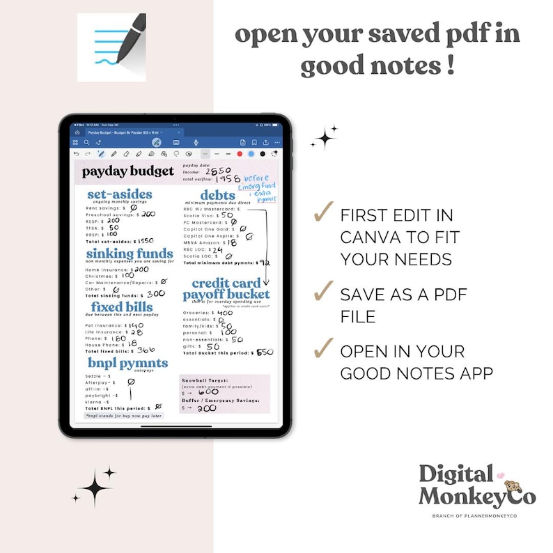 May include: A digital planner displayed on a tablet, featuring a "payday budget" layout with sections for set-asides, sinking funds, fixed bills, and debts. The image includes text: "open your saved pdf in good notes!"