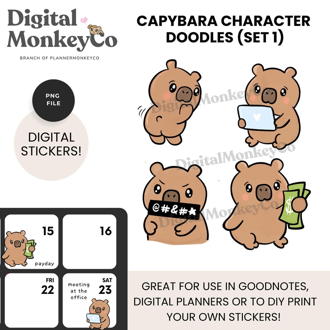 Capybara Character Stickers (set 2) – 4 Hand-drawn Digital Doodles (1 ...