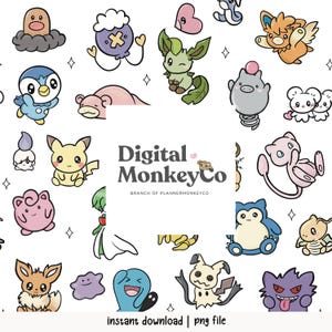 May include: A white background is covered with colorful cartoon illustrations of various creatures. The image includes the text "Digital Monkey Co" and "instant download | png file". The creatures are in various colors and poses.