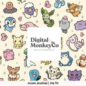 May include: A repeating pattern of colourful cartoon characters on a cream background. The characters include a variety of creatures with different shapes and colours, along with small heart shapes and diamond shapes. The text "Digital Monkey Co" is in the centre.