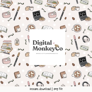 Puede incluir: Patrón repetitivo con ilustraciones dibujadas a mano de tazas de café, portátiles, libros, bolígrafos y cruasanes sobre un fondo rosa claro con lunares blancos. El patrón incluye el texto "hello" en portátiles y cuadernos. El logotipo de Digital Monkey Co está en el centro.