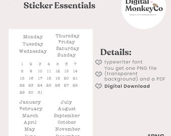 Digital Planning Essentials | Date Numbers | Months | Days Of Week | Typewriter Font (PNG + PDF)