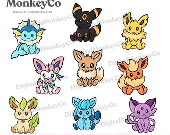 Pocket Planner Pals – Vee Edition | Eeveelutions PNG Sticker Set (9 PNG's)| Hand-Drawn Digital Stickers