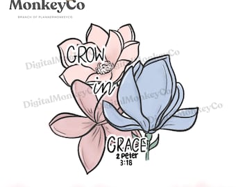 Grow In Grace Bible Verse PNG  | Hand-Drawn Art Clipart | Trendy Digital Stickers