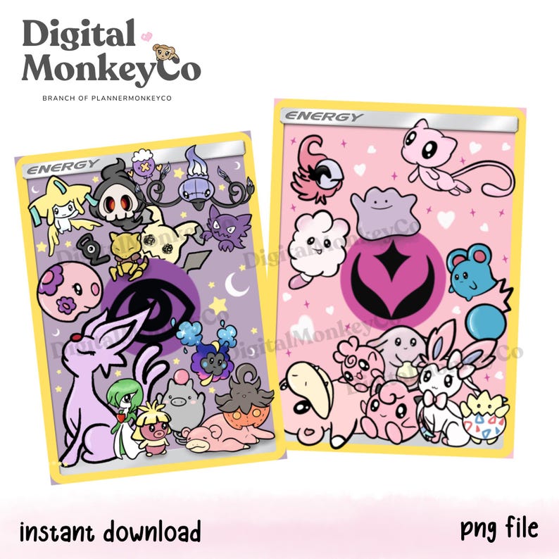 May include: Two digital art prints with cartoon characters. The prints have a yellow border and the word "ENERGY" at the top. One print has a purple background, the other a pink background. The text "instant download" and "png file" are at the bottom.