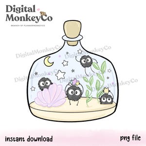 Pode incluir: Ilustração fantasiosa de uma garrafa de vidro com uma rolha, contendo sprites de fuligem de desenho animado, uma concha, estrelas e uma lua crescente. O texto "instant download" e "png file" estão na parte inferior.